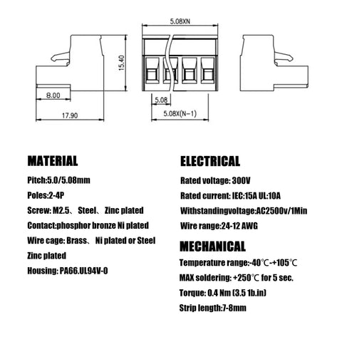 Technical diagram of 60 Pcs 5.08mm Pitch Pluggable PCB Mount Screw Terminal Block Connectors Kit with Quick Release No Fuss Terminals.