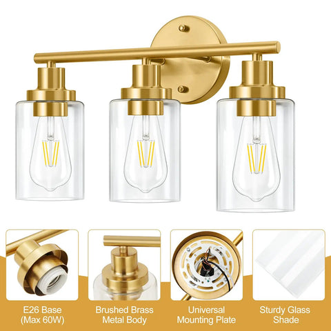 Brushed Brass 3 Light Vanity Wall Sconce With Clear Glass Shades, Modern Farmhouse Bathroom Fixture shown with detailed features.