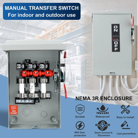 Heavy Duty 3 Pole Safety Switch 60 Amp 240 Volt Ac Disconnect Box With Fusible Breaker Quick Throw Handle No Sweat Installation For Beefy Workshop Circuit Guards in a NEMA 3 enclosure.