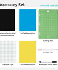 Accessory set including cutting mat, transfer tape, self-adhesive vinyl, hook weeder, and watercolor pen for vinyl cutter machine.