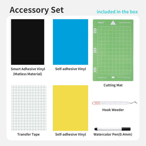 Accessory set including cutting mat, transfer tape, self-adhesive vinyl, hook weeder, and watercolor pen for vinyl cutter machine.