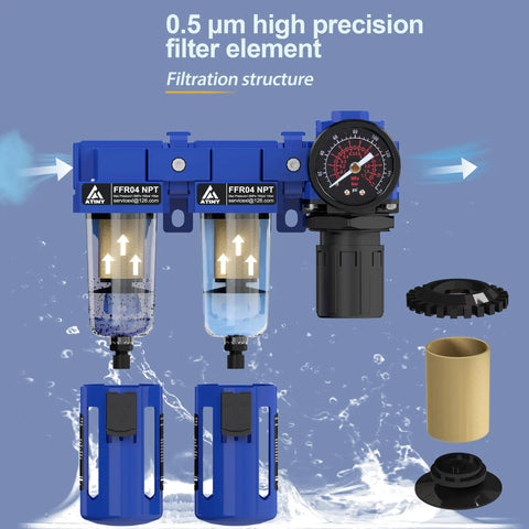 Go To Half Inch NPT Air Dryer System With Filter Dryer For Air Compressors, blue metal bracket and filter components