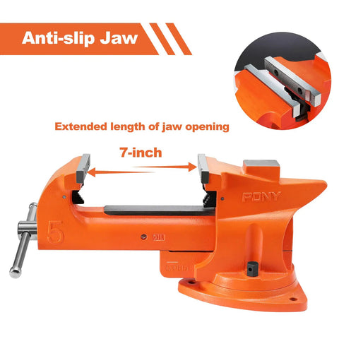 Heavy Duty Bench Vise With Five Inch Jaw And Seven Inch Opening, 360 Degree Swivel Base With Anvil For Woodworking Pipes And Tubes, Multi Jaw Clamping For Flat Material Anti Slip, Solid Gray Iron Construction, Includes One Pair Jaw Pads, showing extended jaw opening and anti-slip feature