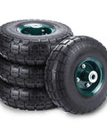 Four Pack 10 Inch Flat Free Airless Tires With Five Eighth Inch Center Bearings For Wheelbarrows Dollies Garden Carts Hand Trucks Lawn Mowers And More Heavy Duty Solid Polyurethane Tread On Steel Hubs Fits 4.10 And 3.50 4 Wheel Size, side view of stacked tires