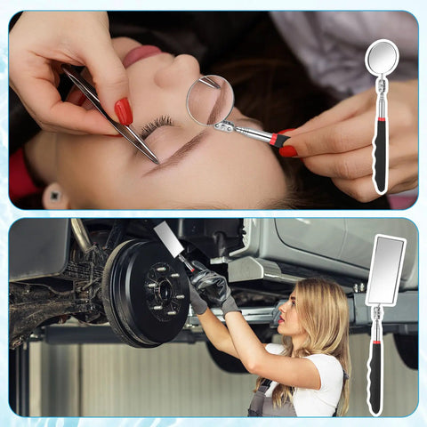 Five Piece Telescoping Inspection Mirror Set With Retractable Handles And 360 Degree Rotating Mirror Heads, Stainless Steel Construction, used for eyelash touch ups and vehicle checks.