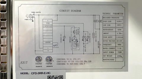 Circuit diagram for Top Shelf Commercial 3 Door Reach In Refrigerator, Built Tough Stainless Steel Display Cooler Merchandiser.