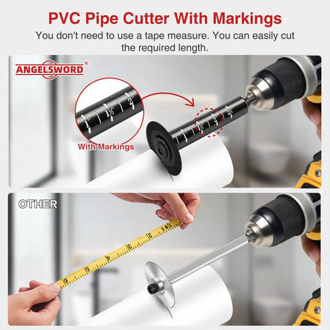 Inside Pipe Cutter For PVC Pipe With Diamond Grit Blade And Deburring Tool Versatile 8 Piece Set displayed in use with markings