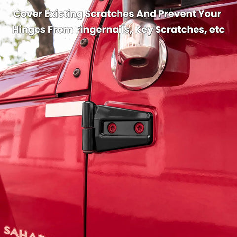 Door hinge cover trim for Jeep Wrangler JK/JKU, black plastic with red screws, 8-piece set