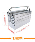 Premium 18 Inch Stainless Steel Folding Tool Box With Cantilever Multi Tray Organization And Comfortable Carry Handles side view with dimensions