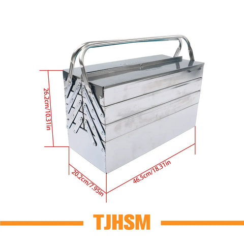 Premium 18 Inch Stainless Steel Folding Tool Box With Cantilever Multi Tray Organization And Comfortable Carry Handles side view with dimensions