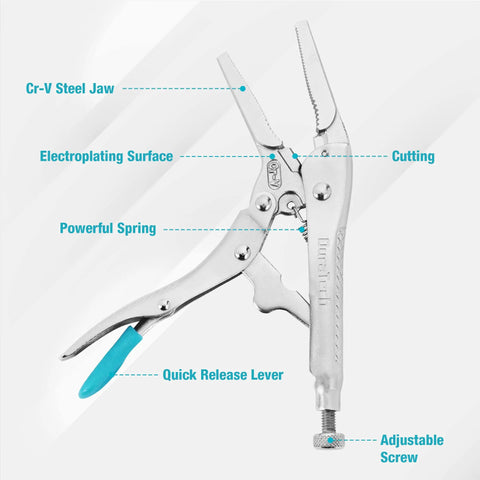 Long Nose Locking Pliers With Wire Cutter, Built Tough Chrome Vanadium Construction, Adjustable Screw Jaw, side view