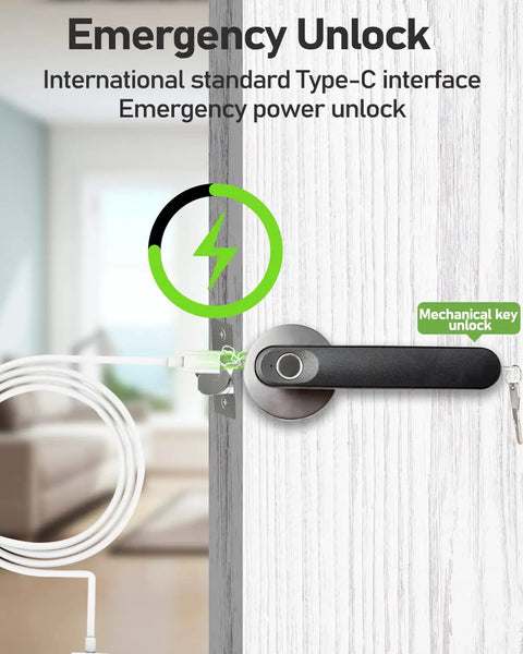 Smart Fingerprint Door Lock With Keyless Entry And Biometric Handle, Auto Lock, Passage Mode, Spare Key, showing emergency unlock