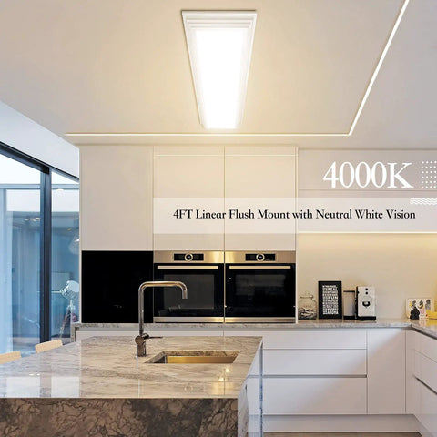 4FT linear flush mount light in modern kitchen, showcasing neutral white vision at 4000K above marble island with sink.