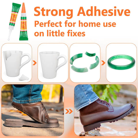 Image showing 36 Pack 3g Heavy Duty Super Strong Glue Clear Gel Adhesive For All Purpose Bonding Plastic Metal Glass Leather Wood Rubber Jewelry DIY Repairs Instant Fast Dry Tubes used on broken mug, ring, and shoe sole.