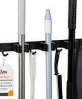 Heavy Duty Stainless Steel Broom Holder Wall Mount With 3 Racks And 4 Hooks, Waterproof Mop And Broom Organizer For Garage Laundry And Garden Tools, Adjustable Black holding brooms and mops