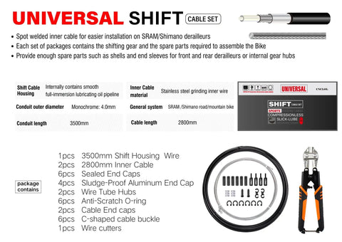 Universal Bike Shifter Cable Kit with 2.8m cables and 3.5m oil housing, stainless steel cutter, components displayed.