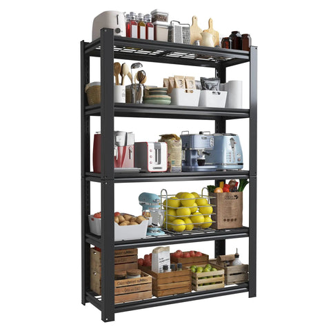 72 Inch 5 Tier Metal Wire Shelving Unit Heavy Duty Garage Storage Rack 2000 Lbs Max Capacity Reinforced Steel Adjustable Shelves for organized kitchen appliances and food items.