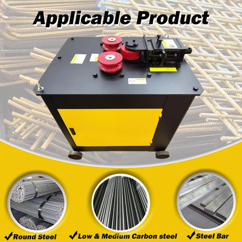 Industrial Rebar Circle Bending Machine Automatic Steel Bar Coiler 4KW Electric Bender with red rollers and yellow accents.