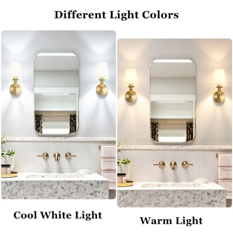 Onwecen Wall Sconces Set of 2, Modern Bathroom Light Fixtures, Brushed Gold with cool and warm light settings.