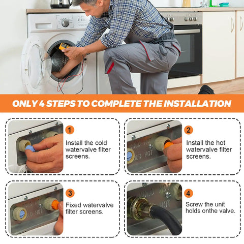 Illustration showing 4 steps to install 4 Pack AGM73269501 Washer Inlet Valve Filter Screen Upgrade For LG and Kenmore washers.