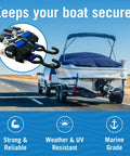 Beefed Up Stainless Steel Heavy Duty Retractable Ratchet Straps Set, 2 Inch By 43 Inch, shown securing a boat on trailer.