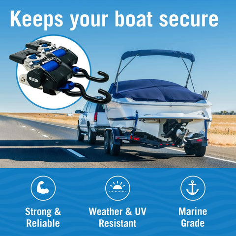 Beefed Up Stainless Steel Heavy Duty Retractable Ratchet Straps Set, 2 Inch By 43 Inch, shown securing a boat on trailer.