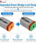 Comparison of previous and upgraded green wedge lock design for 2 Pin Deutsch DT Connector Kit With 10 Sets DT04 2P DT06 2S Size 16 Stamped Contacts For 14-18 AWG Wires With Pin Removal Tool And Mounting Clips Gray IP68 Waterproof Automotive Electrical Wire Harness Repair Set.