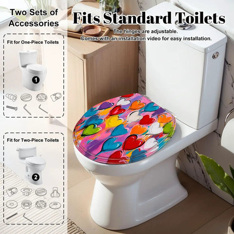 Generic Round Resin Toilet Seat for Bathroom with colorful heart design, fits standard toilets, quick-release hinges.