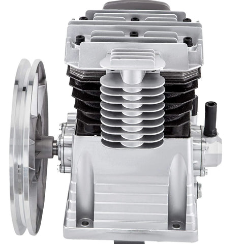 VEVOR air compressor pump head with twin aluminum cylinders, cooling fins and belt-driven pulley