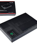 Mini Ups Battery Backup For Wifi Routers Featuring 10400mAh Rechargeable Cells And Poe Usb Outputs, black unit with LED indicator.