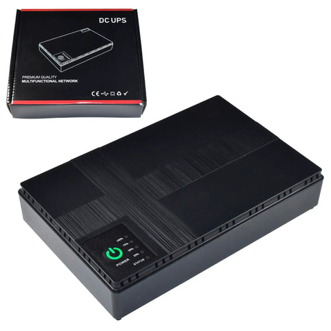 Mini Ups Battery Backup For Wifi Routers Featuring 10400mAh Rechargeable Cells And Poe Usb Outputs, black unit with LED indicator.