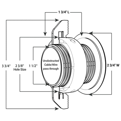 Technical diagram showing dimensions of 2 Pack Patented White Self Securing Cable Grommet With Cap Slider Tool Free Locking.