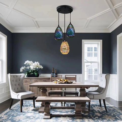 Colorful Glass 3 Pack Pendant Lights For Kitchen Island And Dining Room Modern Farmhouse Style 3D Hammered Glass With Clear Globe Shade 7.8 Inch Diameter Easy Install, hanging over dining table in elegant room
