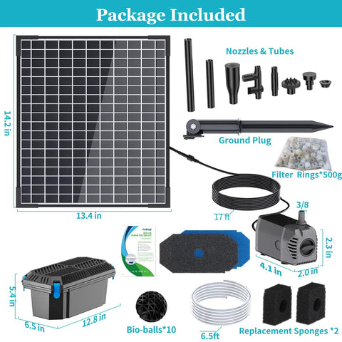 Package contents of 25W Solar Pond Filter Box With Water Pump, includes solar panel, PVC tubing, nozzles, bio-balls, and sponges.