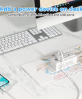 Power Strip With USB Ports, Wall Mountable Surge Protector, 2 AC Outlets And 2 USB Charging Ports, Flat Plug on desk setup.