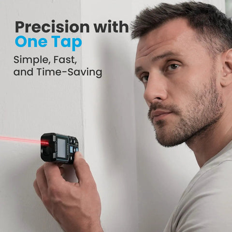 Man using Pro Grade Laser Measure Tool With 229 Feet Range And 70 Meters, Dual Bubble Levels, Backlit LCD Display, IP54 Waterproof