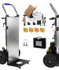 Heavy Duty Electric Stair Climbing Cart 1500W Motor With Anti-Slip Tires, Adjustable Speed Powered Hand Truck For Moving Appliances Furniture And Heavy Loads Silver with accessories and tools.