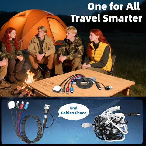 People camping with 4 In 2 Dual USB C Charging Cable With USB A Inputs All In One Grab And Go Travel Charger For iPhone 17.