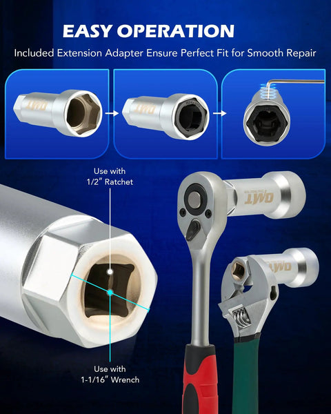 Axle Spindle Thread Repair Kit With Eight Dies And One And One Sixteenth Inch Extension Bar For Rethreading Damaged Axle Threads Includes M20 M22 M24 And Thirteen Sixteenths Inch And Three Quarters Inch UNEF Nuts Rethreading Tool Kit In Case Orion Motor shown with ratchet and wrench for easy operation.