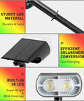Outdoor Solar Spotlight Kit 4 Pack With 38 LEDs, showing durable ABS material, solar panel, and 38 LED details
