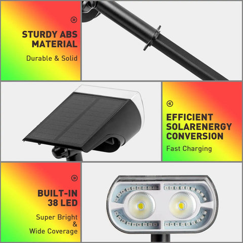 Outdoor Solar Spotlight Kit 4 Pack With 38 LEDs, showing durable ABS material, solar panel, and 38 LED details