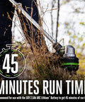 Close-up of Power+ 15-Inch Cordless Weed Trimmer cutting thick grass, highlighting 45-minute run time capability.