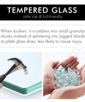 Tempered glass safety demonstration, showing breakage into small granular chunks with hammer and glass pieces, safe for use in bathrooms.
