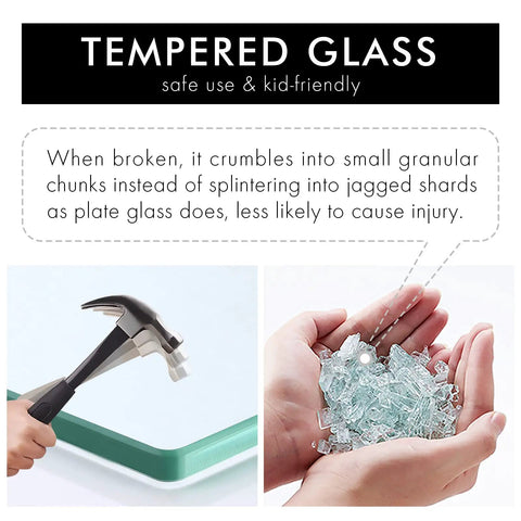 Tempered glass safety demonstration, showing breakage into small granular chunks with hammer and glass pieces, safe for use in bathrooms.