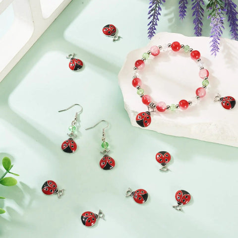 Must Have Enamel Ladybug Pendant Set 10 Pieces Zinc Alloy Charms With Red And Black Enamel 18.5x12.5mm Jewelry Making Supplies Hole Size 2mm Cute Flying Insect Charms For Necklaces And Bracelets displayed with earrings and bracelet