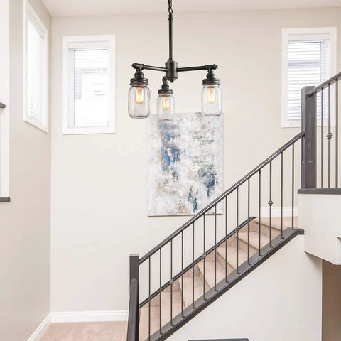 Farmhouse Mason Jar Chandelier Pendant Light For Kitchen Island And Dining Room, Industrial Brushed Dark Metal Frame, Staircase View