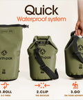 Three Roll Top Waterproof Dry Bags for Kayak Gear and Boat Essentials in forest green, demonstrating the quick sealing system.