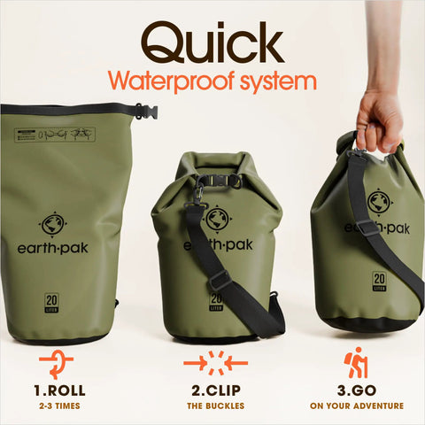 Three Roll Top Waterproof Dry Bags for Kayak Gear and Boat Essentials in forest green, demonstrating the quick sealing system.