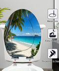 Elongated Palms tropical beach Toilet Seat featuring a tropical beach design, sturdy resin construction, and easy-to-install metal link.