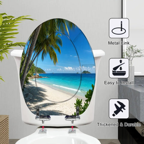 Elongated Palms tropical beach Toilet Seat featuring a tropical beach design, sturdy resin construction, and easy-to-install metal link.